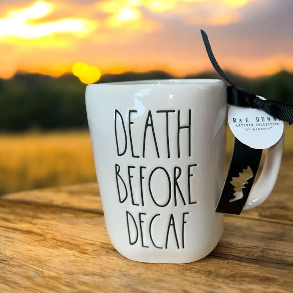 Rae Dunn "Death Before Decaf" Mug Halloween 2024 Coffee Tea Cup NEW - Picture 1 of 4